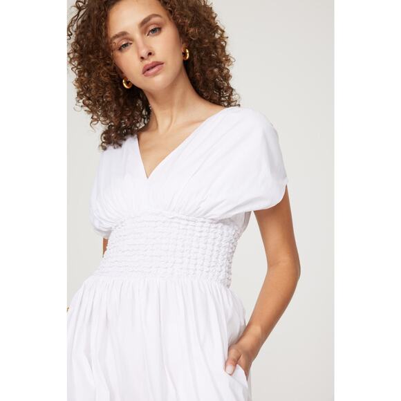 Staud Jackson White Smocked V-Neck Short Sleeve A-Line Midi Dress Size Large - Picture 4 of 16